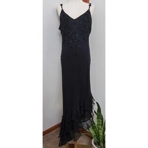 ICE Vintage Y2K Fairy Whimsigoth Silk Floral Beaded Asymmetric Hem Slip Dress 12
